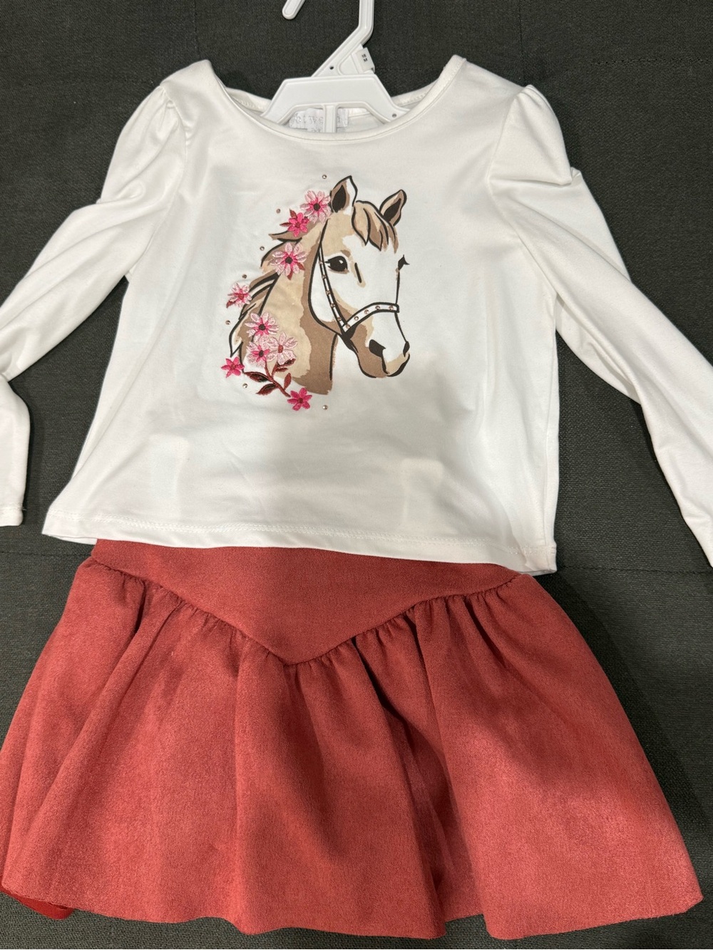 btween White Long-Sleeve Tee with Horse and Pink Floral Accents